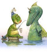 Catch & Release fishing illustration.  Humorous realism for children’s book illustrations.  From ‘Three Little Dinosaurs’ written and illustrated by Jim Harris. 